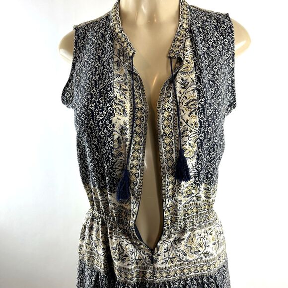 Sea New York Sabine Dress Size 4 Silk Blue Printed Midi Tassel Sleeveless Boho - Picture 6 of 12